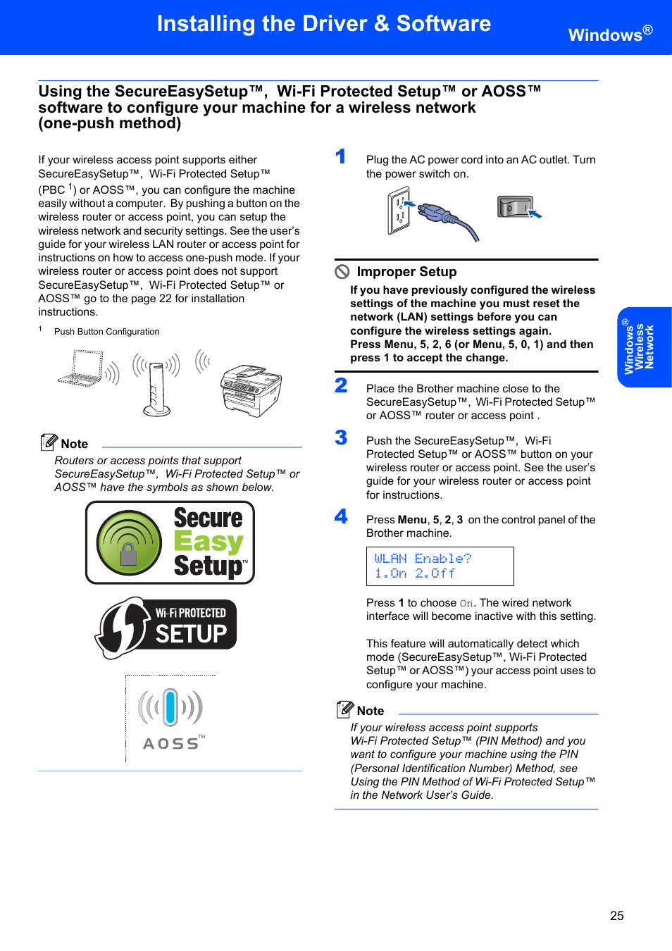 Installing the driver & software, Windows, Wlan enable? 1.on 2.off | Improper setup | Brother MFC 7840W User Manual | Page 27 / 52
