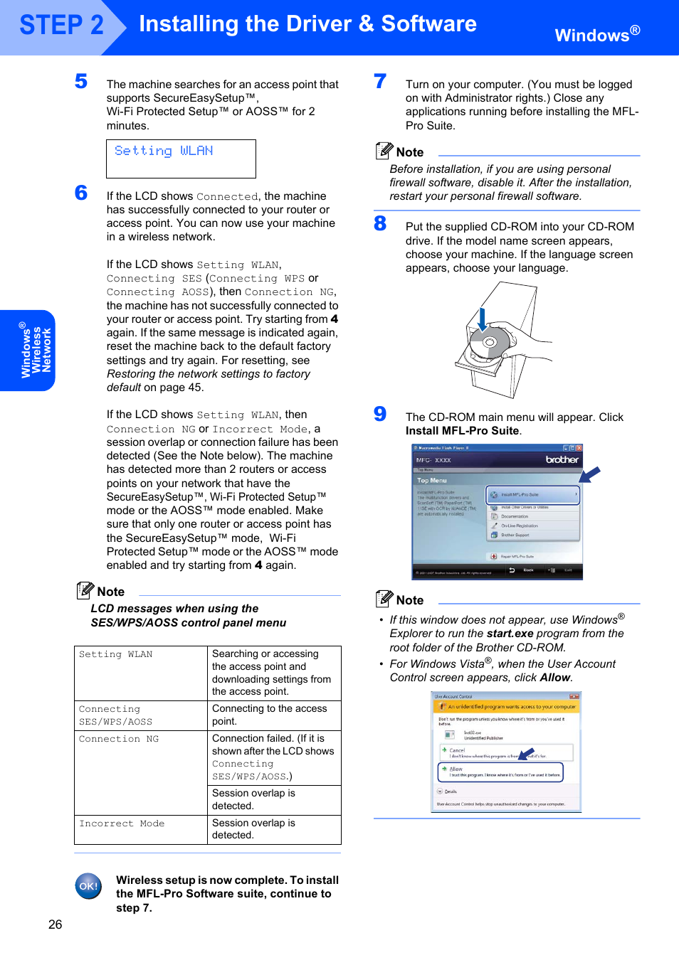 Step 2, Installing the driver & software, Windows | Setting wlan | Brother MFC 7840W User Manual | Page 28 / 52
