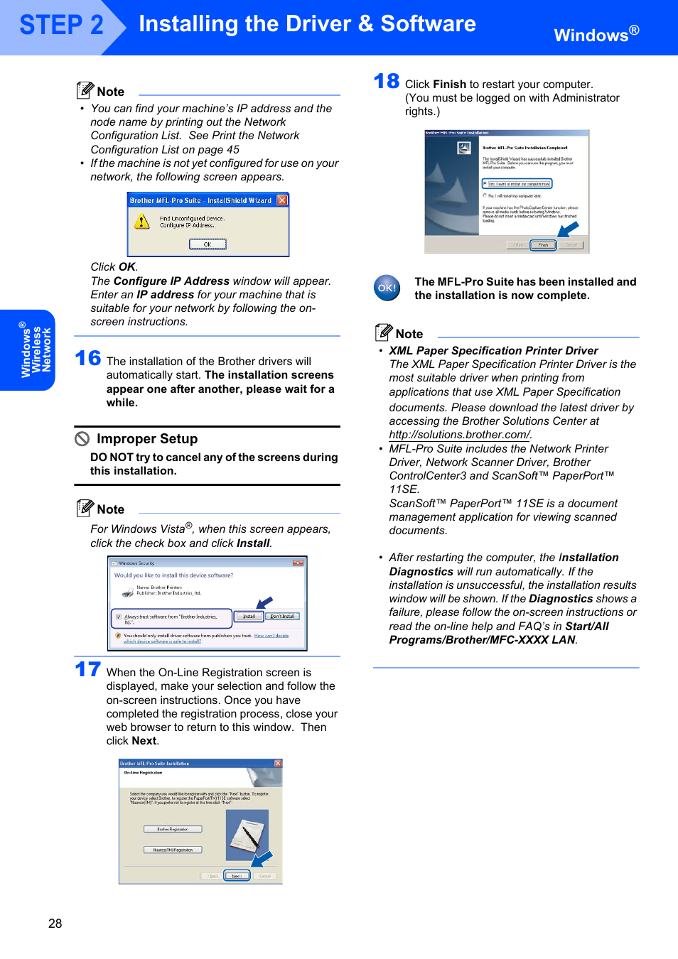 Step 2, Installing the driver & software, Windows | Improper setup | Brother MFC 7840W User Manual | Page 30 / 52