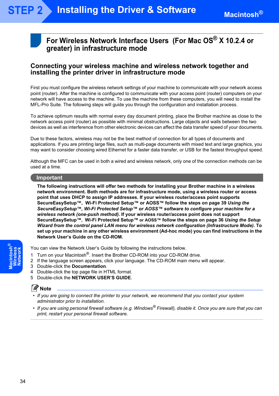 For wireless network interface users (for mac os, X 10.2.4 or greater) in infrastructure mode, Step 2 | Installing the driver & software, Macintosh | Brother MFC 7840W User Manual | Page 36 / 52