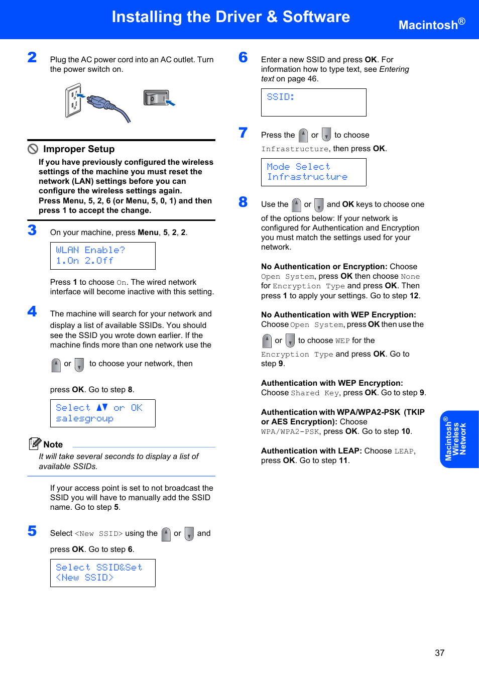 Installing the driver & software, Macintosh, Wlan enable? 1.on 2.off | Select ab or ok salesgroup, Select ssid&set <new ssid, Ssid, Mode select infrastructure | Brother MFC 7840W User Manual | Page 39 / 52