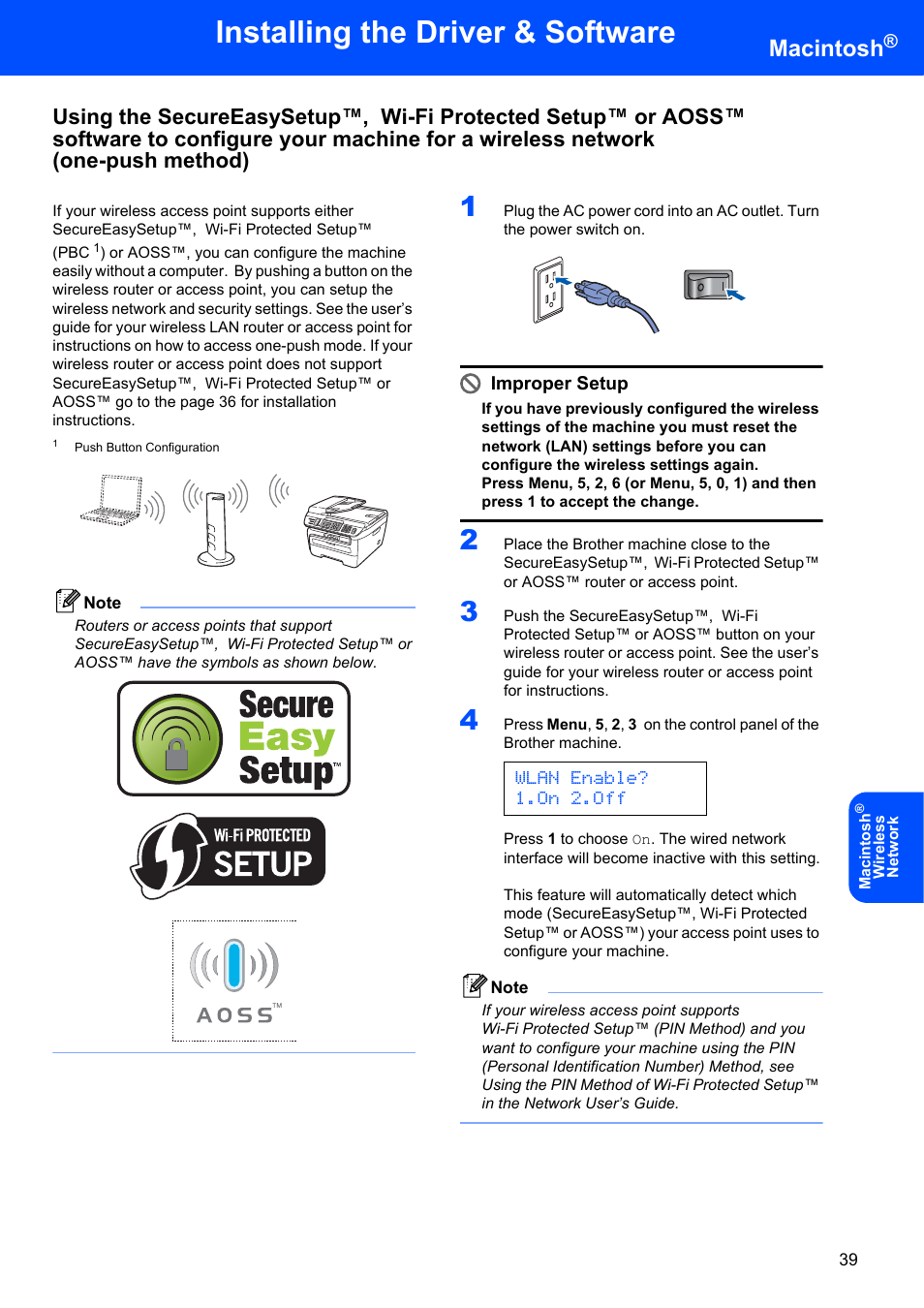 Installing the driver & software, Macintosh, Wlan enable? 1.on 2.off | Improper setup | Brother MFC 7840W User Manual | Page 41 / 52