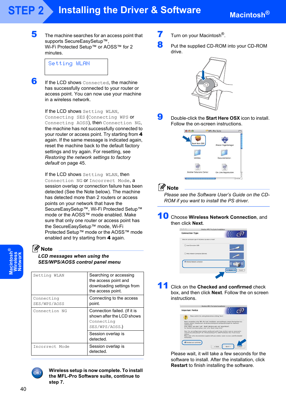 Step 2, Installing the driver & software, Macintosh | Setting wlan | Brother MFC 7840W User Manual | Page 42 / 52