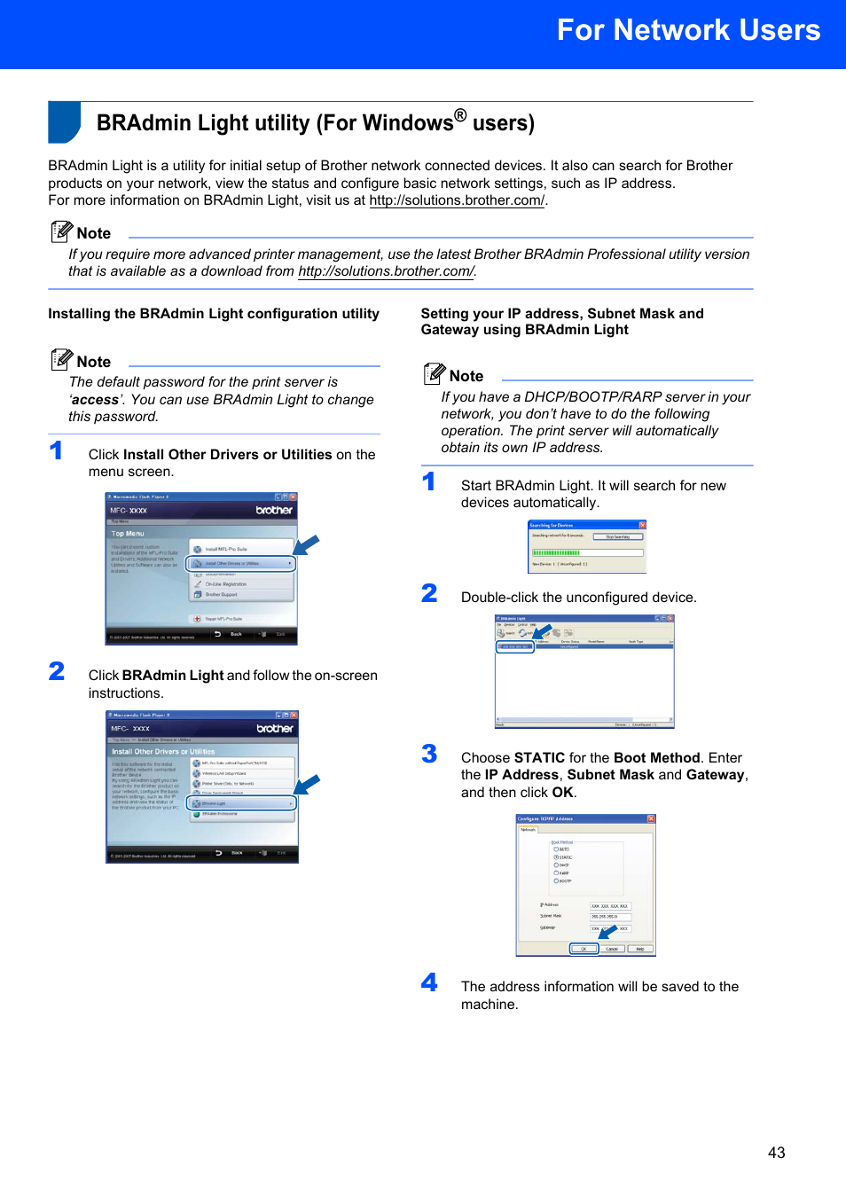 For network users, Bradmin light utility (for windows® users), Installing the bradmin light configuration utility | Bradmin light utility (for windows, Users) | Brother MFC 7840W User Manual | Page 45 / 52