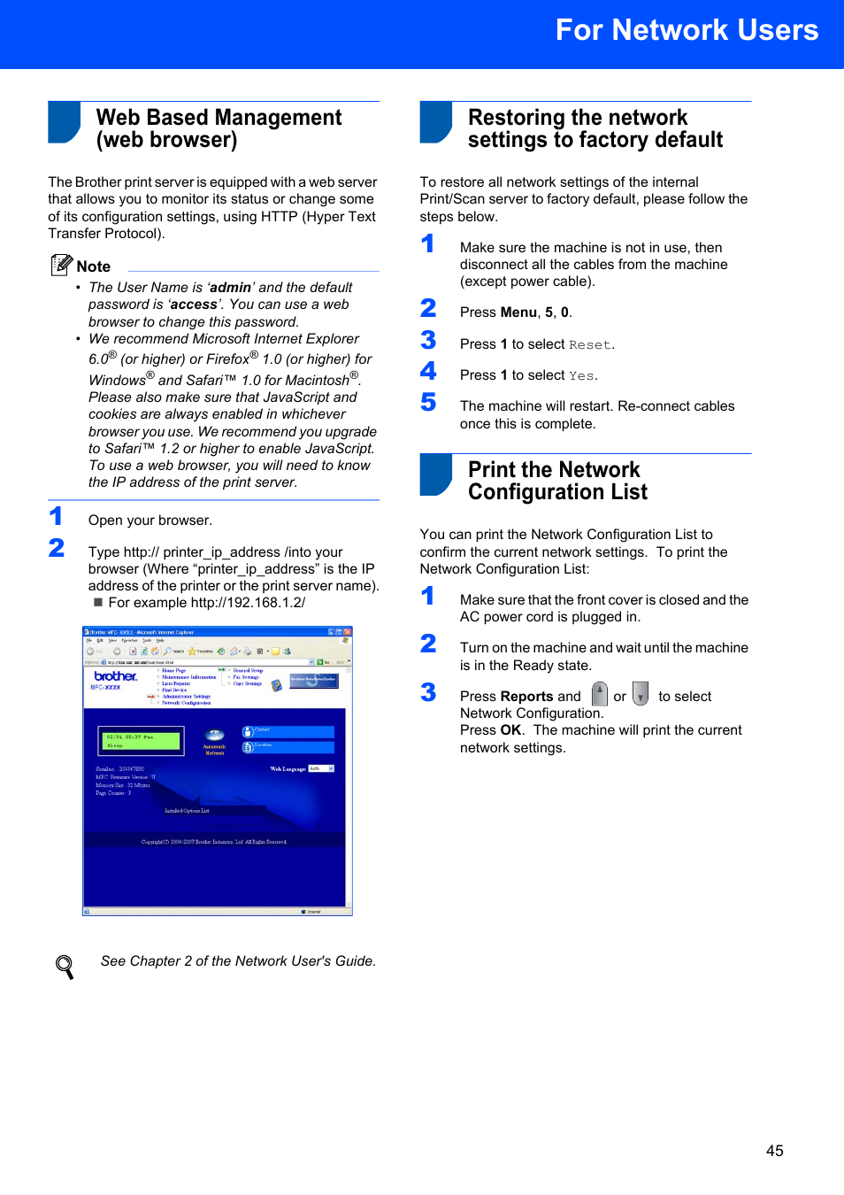 Web based management (web browser), Restoring the network settings to factory default, Print the network configuration list | For network users | Brother MFC 7840W User Manual | Page 47 / 52