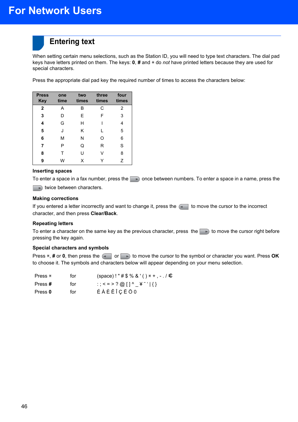 Entering text, For network users | Brother MFC 7840W User Manual | Page 48 / 52