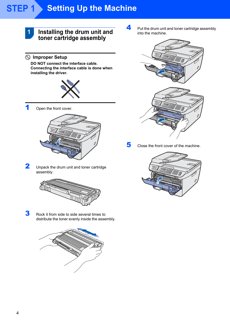 Step 1 setting up the machine, Step 1, Setting up the machine | Brother MFC 7840W User Manual | Page 6 / 52