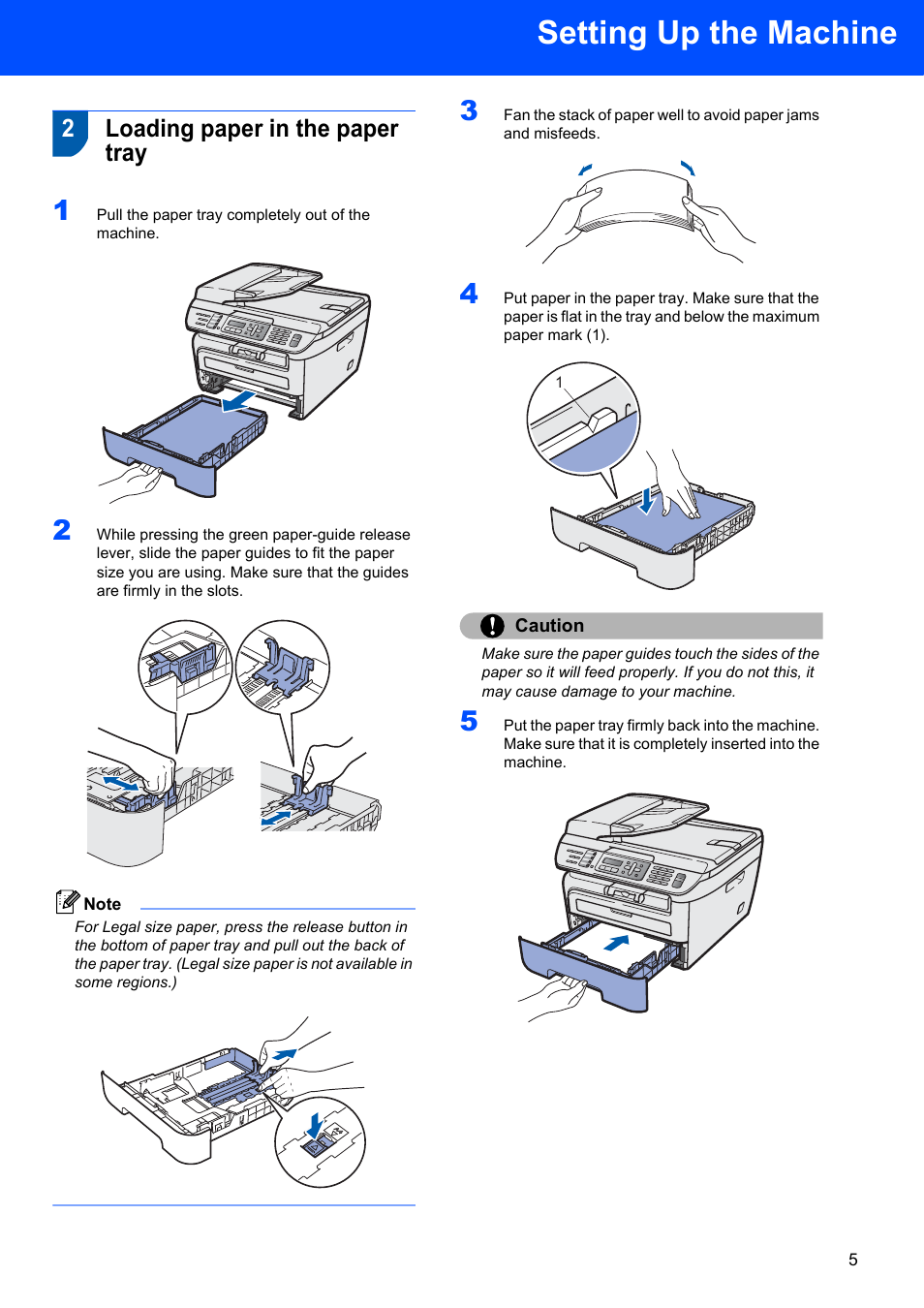 2 loading paper in the paper tray, Loading paper in the paper tray, Setting up the machine | 2loading paper in the paper tray | Brother MFC 7840W User Manual | Page 7 / 52