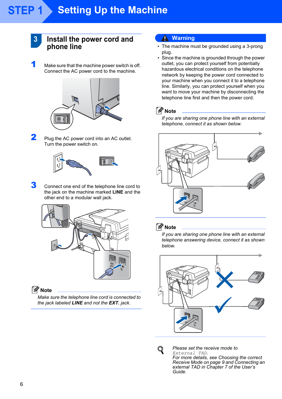 3 install the power cord and phone line, Install the power cord and phone line, Step 1 | Setting up the machine, 3install the power cord and phone line, Warning | Brother MFC 7840W User Manual | Page 8 / 52