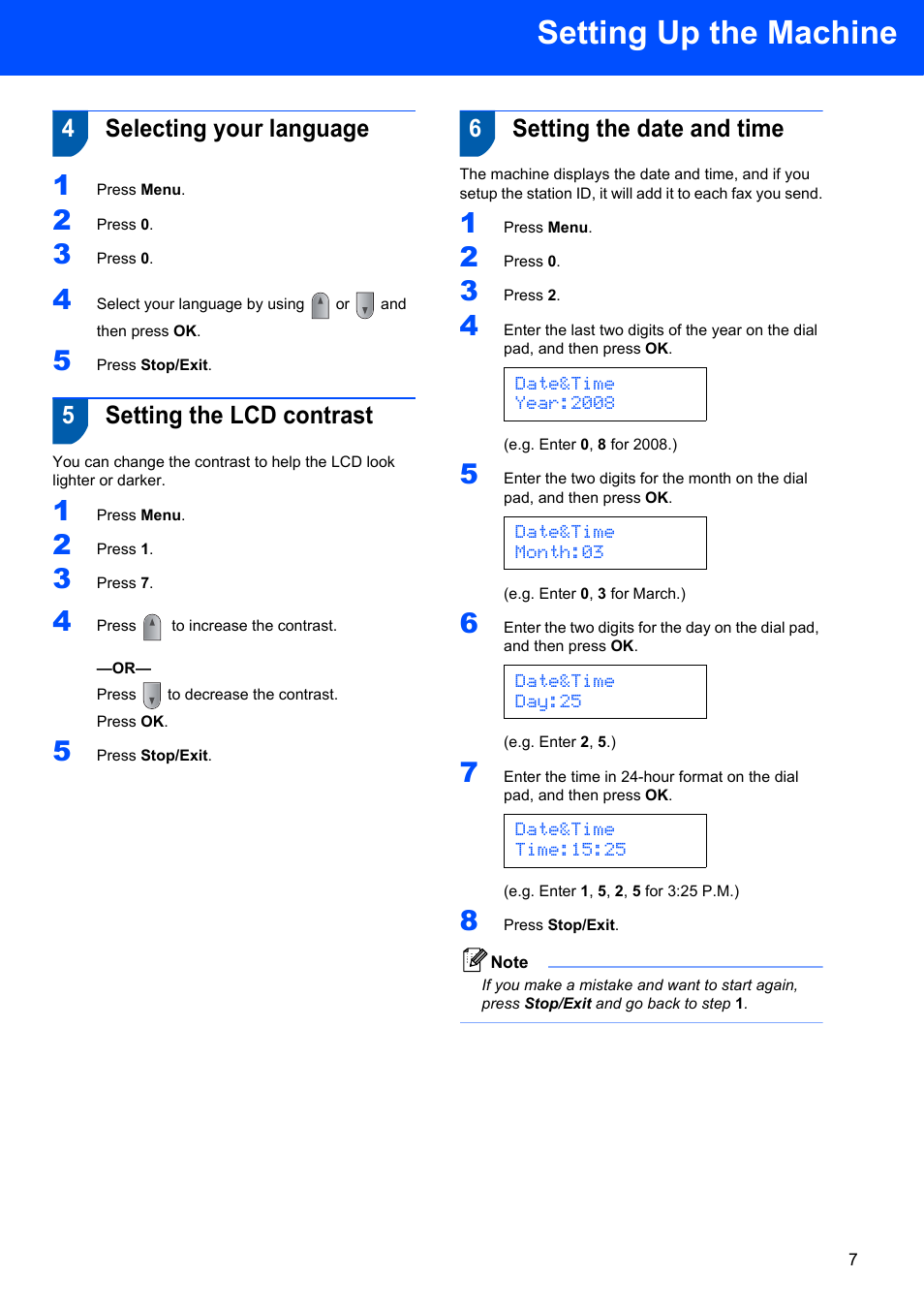 4 selecting your language, 5 setting the lcd contrast, 6 setting the date and time | Setting up the machine, 4selecting your language, 5setting the lcd contrast, 6setting the date and time | Brother MFC 7840W User Manual | Page 9 / 52