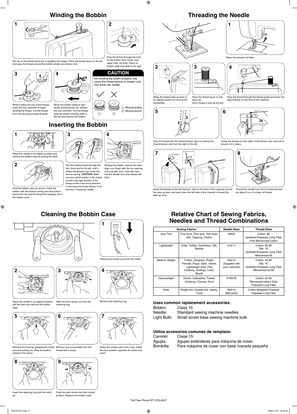 Winding the bobbin inserting the bobbin, Threading the needle, Cleaning the bobbin case | Caution | Brother LS2250PRW User Manual | Page 2 / 2
