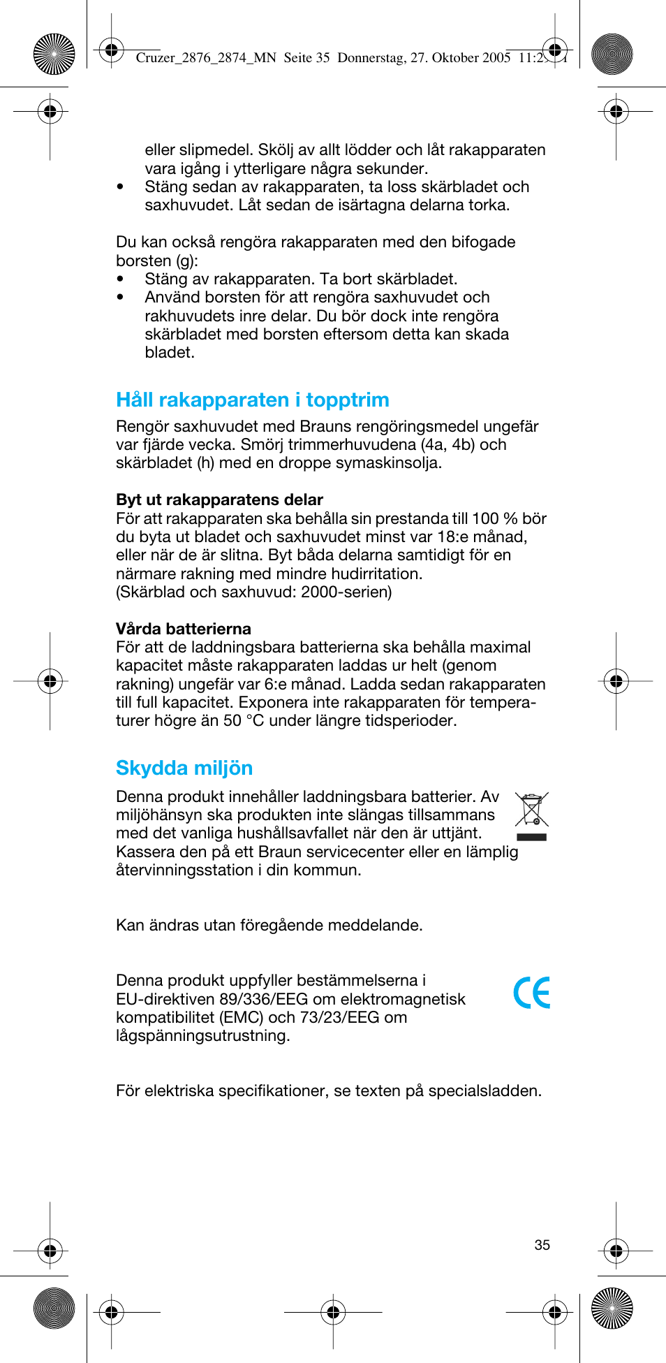 Håll rakapparaten i topptrim, Skydda miljön | Braun 2874 Cruzer3 User Manual | Page 35 / 60