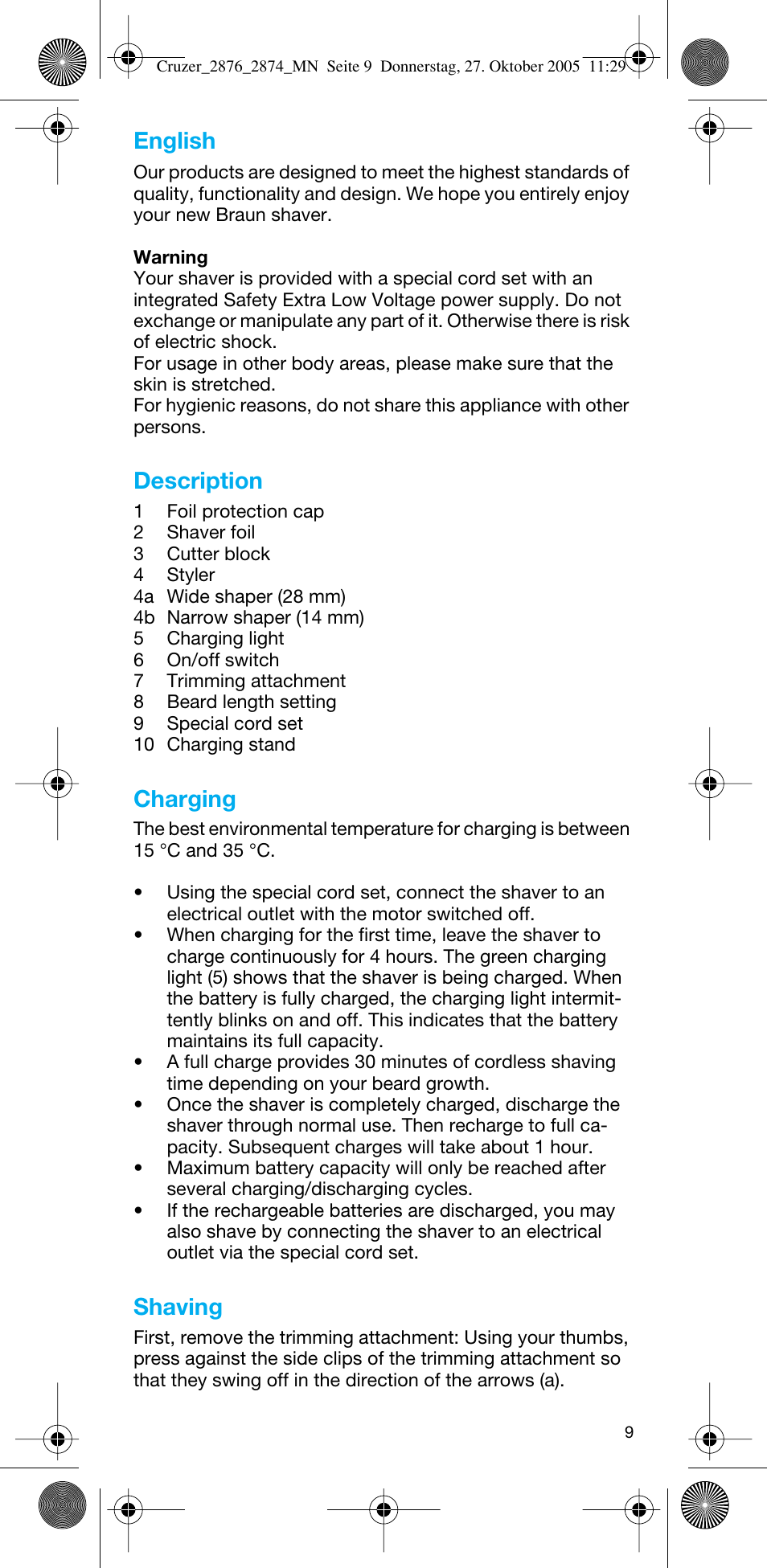 English, Description, Charging | Shaving | Braun 2874 Cruzer3 User Manual | Page 9 / 60