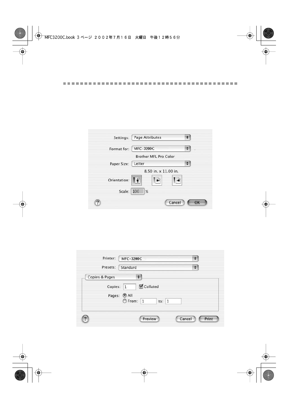 Printing a document, Using brother printer driver with your apple, Macintosh | Os x v.10.1) -3, Os x v.10.1), Choosing page setup options | Brother MFC-3200C User Manual | Page 213 / 266