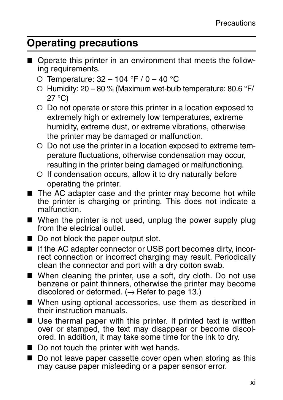 Operating precautions | Brother MW-120 User Manual | Page 12 / 83