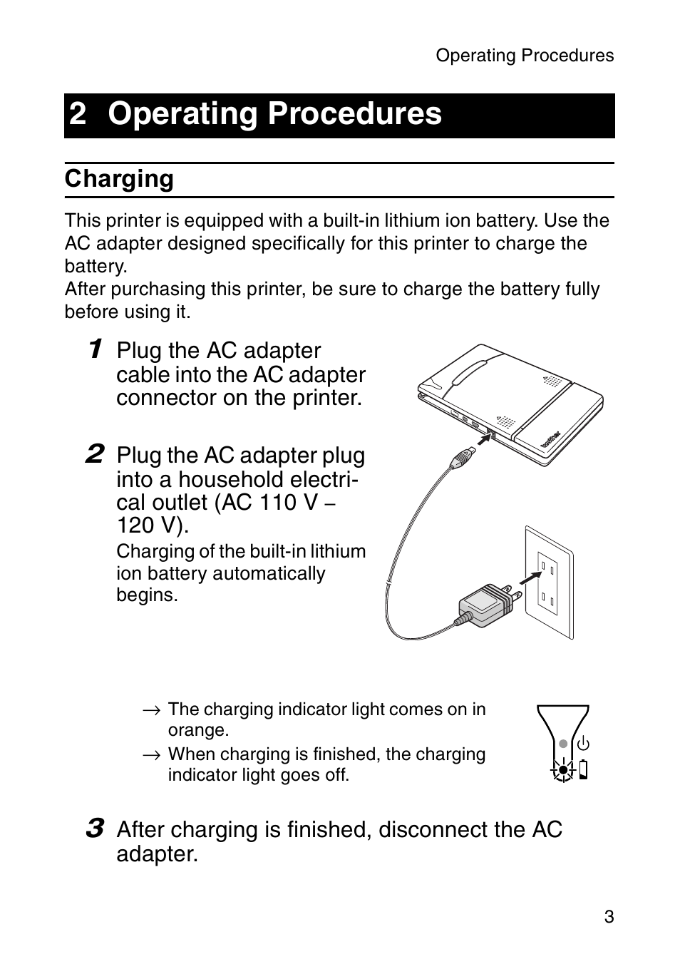 2 operating procedures, Charging | Brother MW-120 User Manual | Page 18 / 83