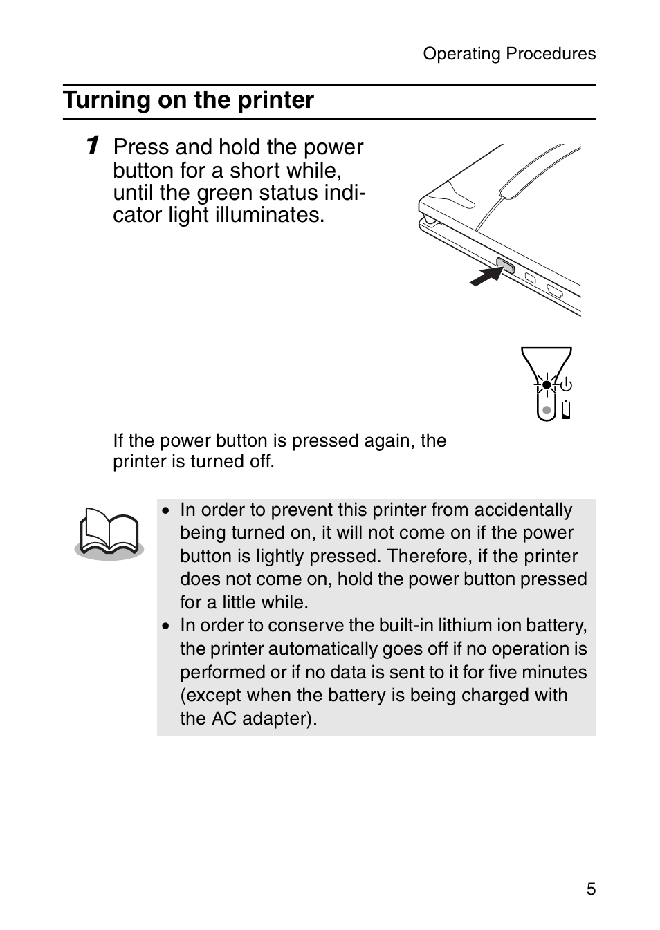 Turning on the printer | Brother MW-120 User Manual | Page 20 / 83