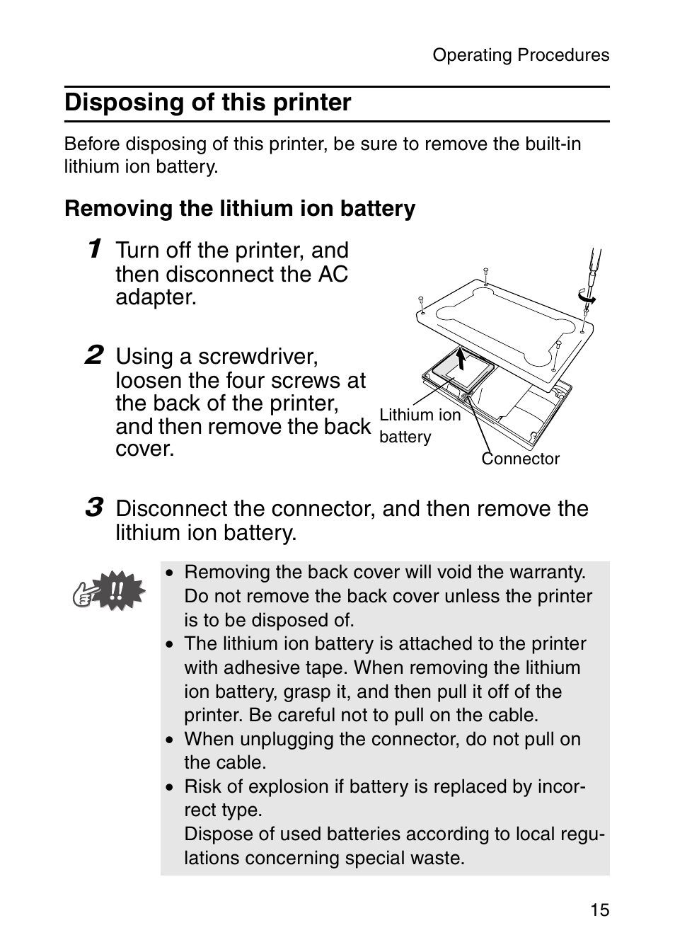 Disposing of this printer | Brother MW-120 User Manual | Page 30 / 83