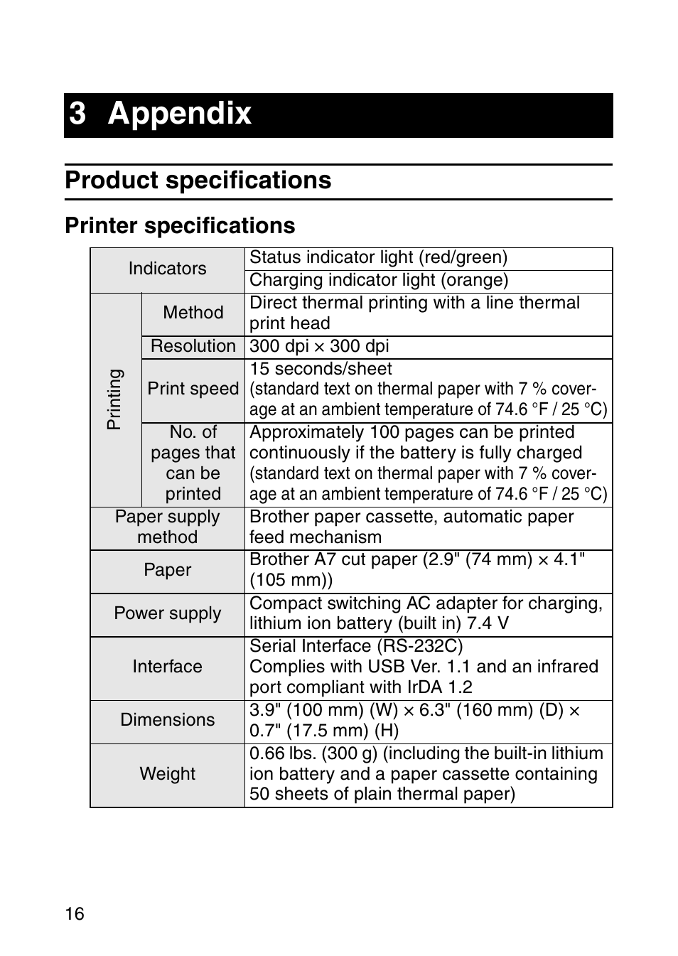3 appendix, Product specifications, Printer specifications | Brother MW-120 User Manual | Page 31 / 83