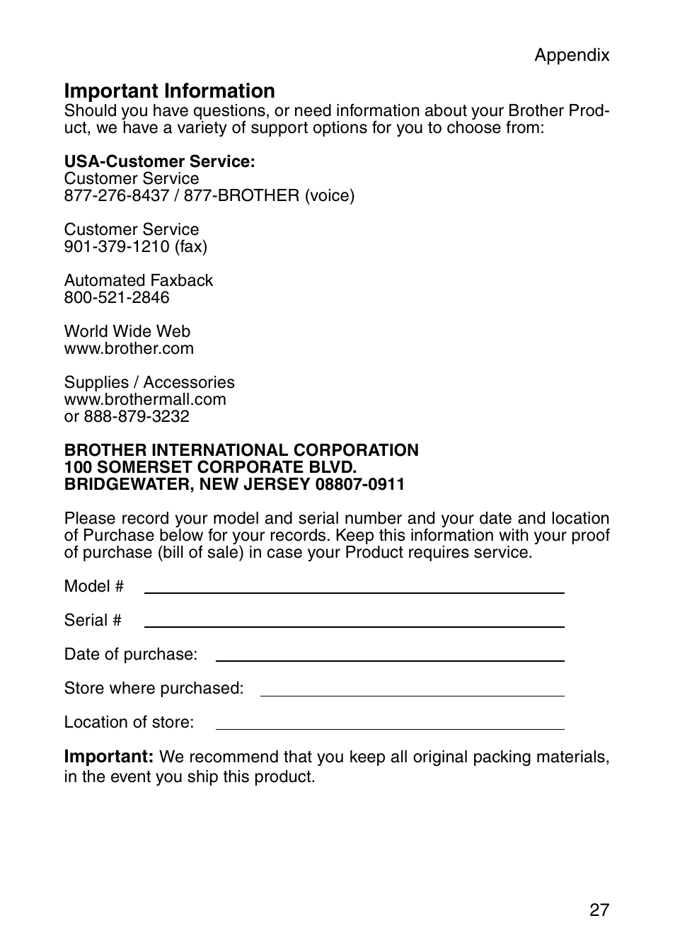 Important information | Brother MW-120 User Manual | Page 42 / 83