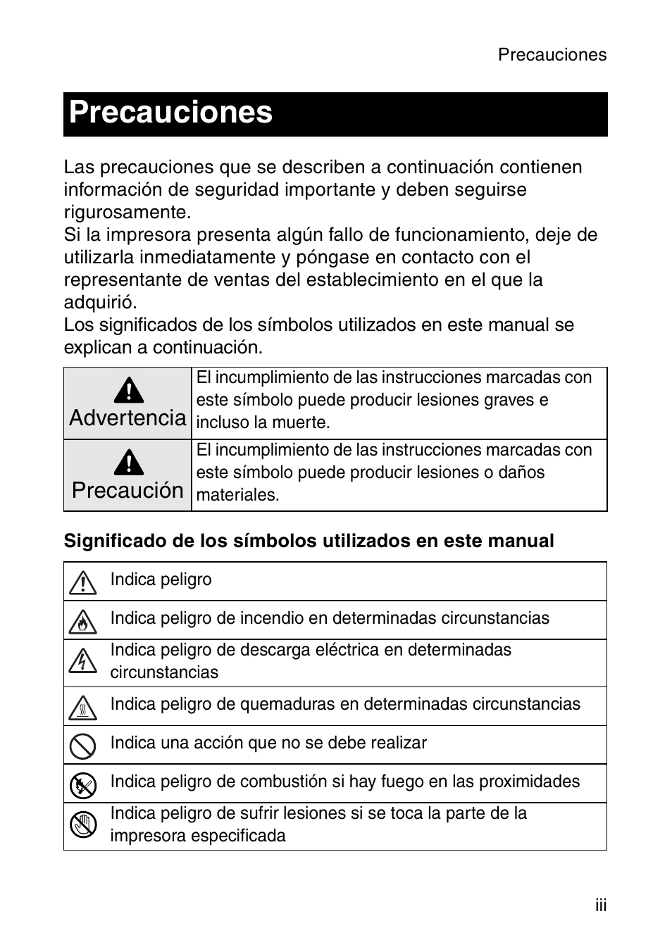 Precauciones, Advertencia, Precaución | Brother MW-120 User Manual | Page 48 / 83