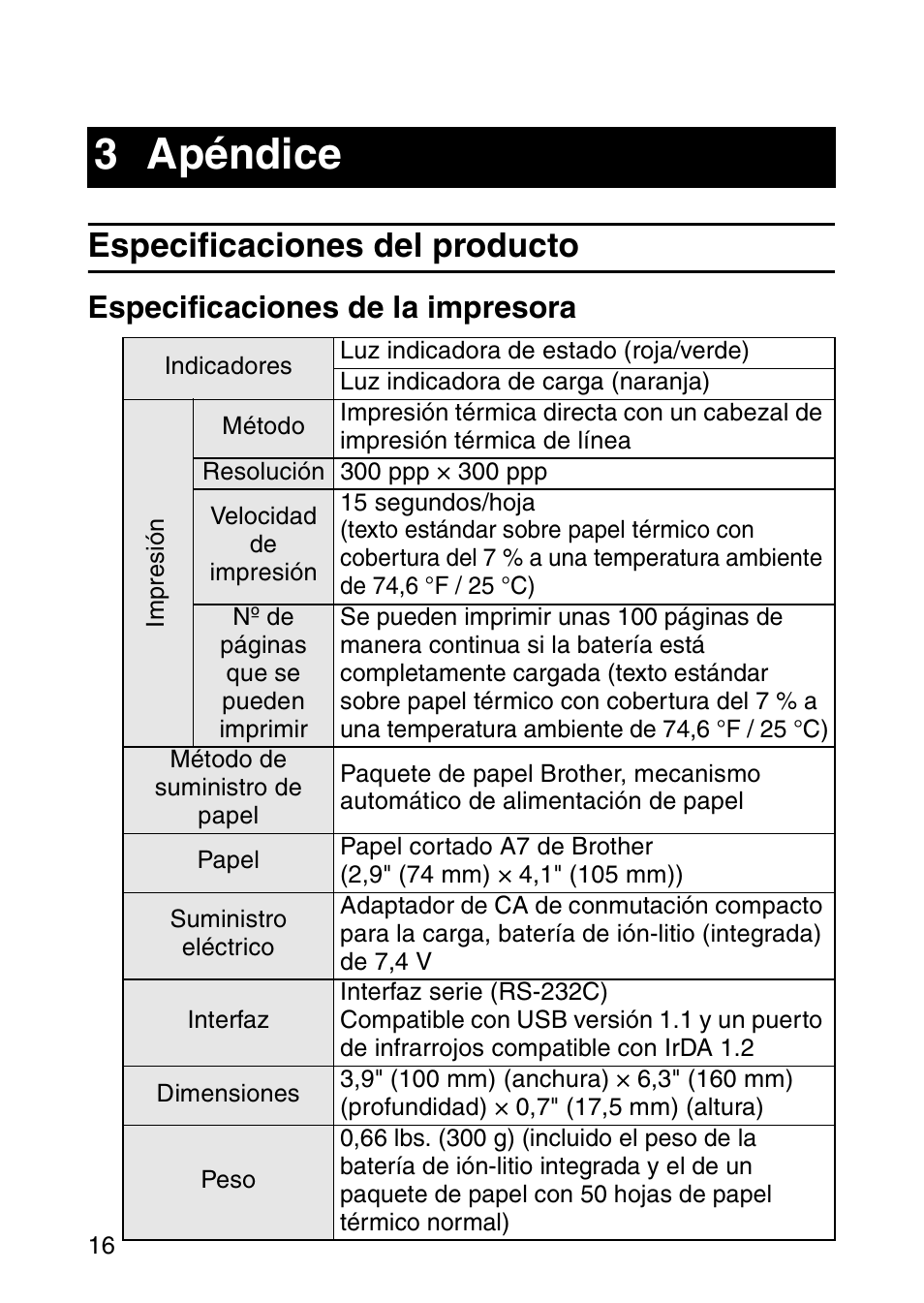 3 apéndice, Especificaciones del producto, Especificaciones de la impresora | Brother MW-120 User Manual | Page 75 / 83