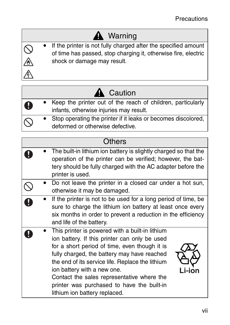 Caution, Others, Warning | Brother MW-120 User Manual | Page 8 / 83