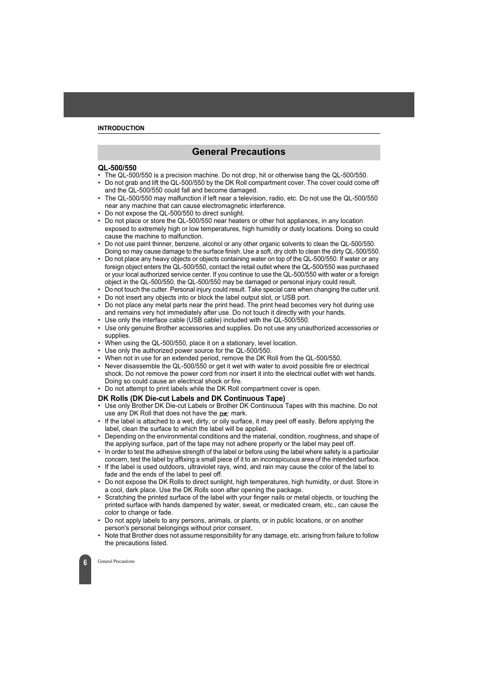 General precautions | Brother QL-550 User Manual | Page 10 / 76