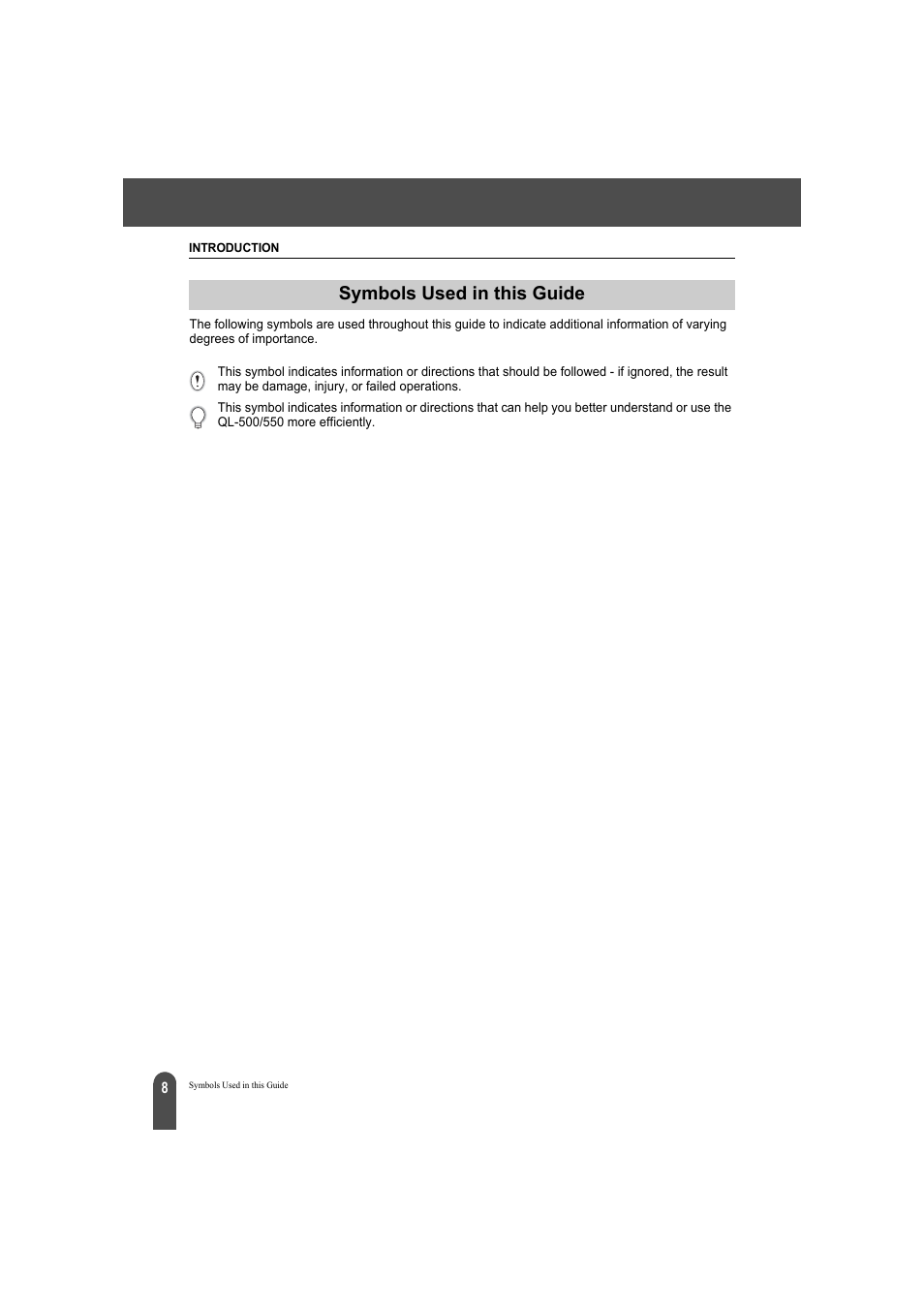 Symbols used in this guide | Brother QL-550 User Manual | Page 12 / 76