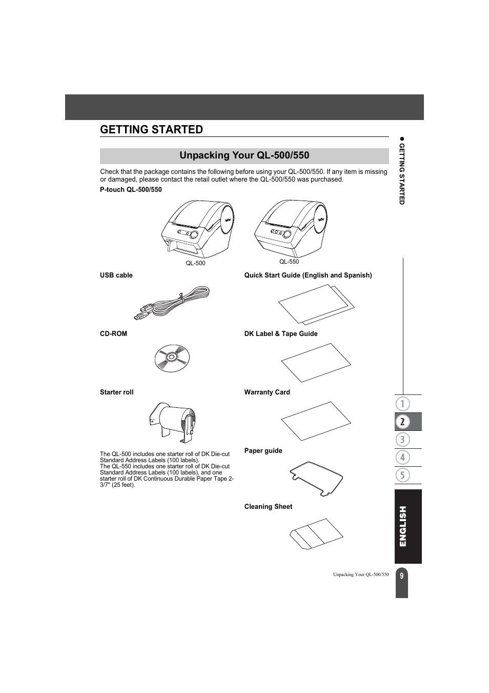 Getting started, Unpacking your ql-500/550 | Brother QL-550 User Manual | Page 13 / 76