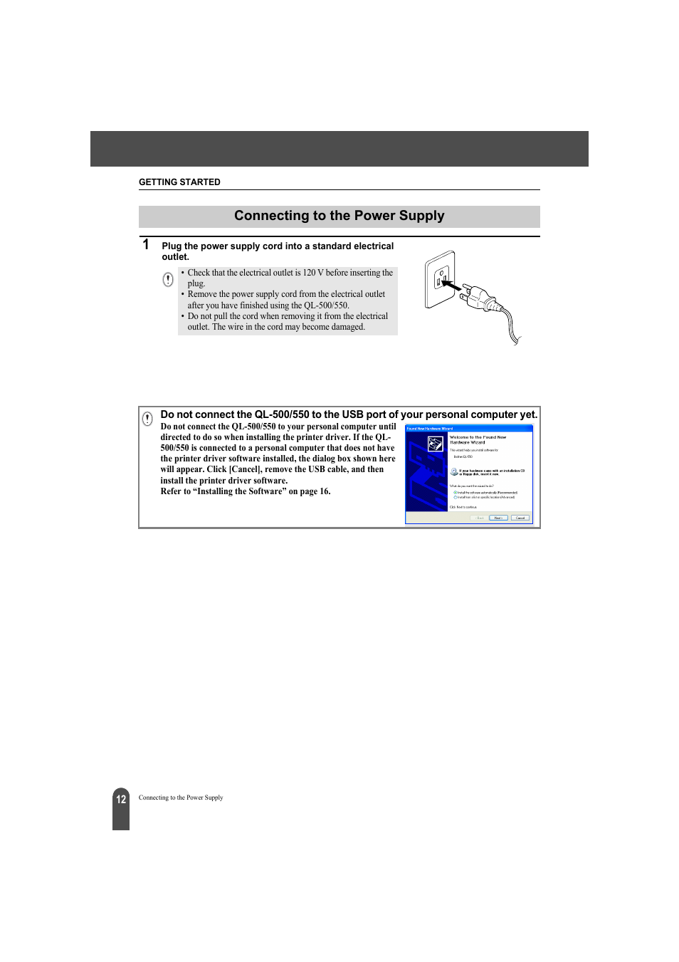Connecting to the power supply | Brother QL-550 User Manual | Page 16 / 76