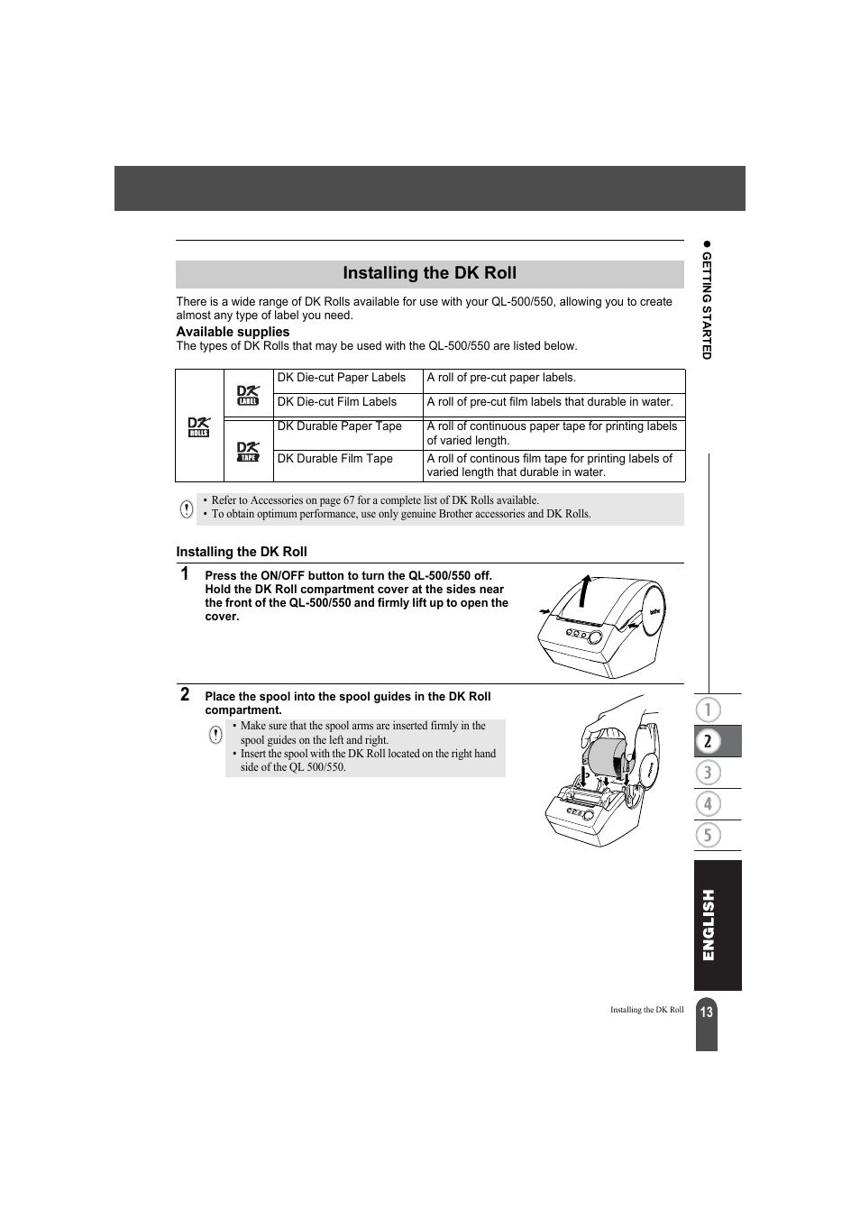 Installing the dk roll, Available supplies installing the dk roll | Brother QL-550 User Manual | Page 17 / 76