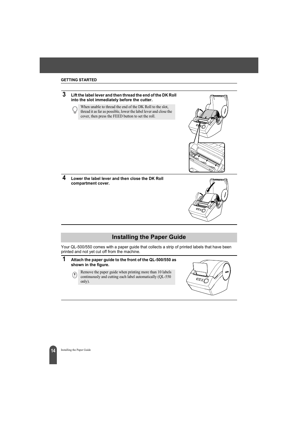 Installing the paper guide | Brother QL-550 User Manual | Page 18 / 76