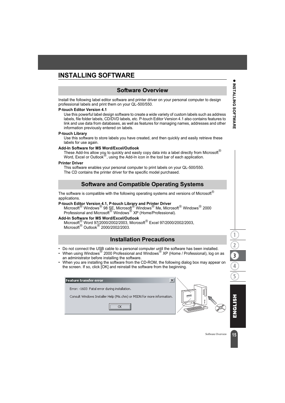 Installing software, Software overview, Software and compatible operating systems | Installation precautions | Brother QL-550 User Manual | Page 19 / 76