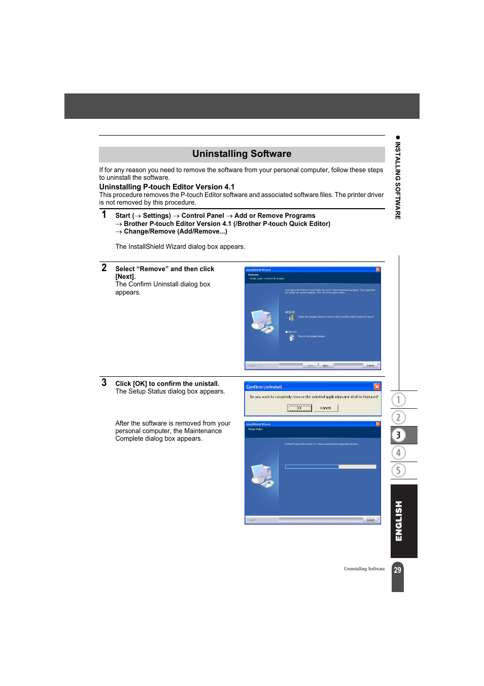 Uninstalling software, Uninstalling p-touch editor version 4.1 | Brother QL-550 User Manual | Page 33 / 76