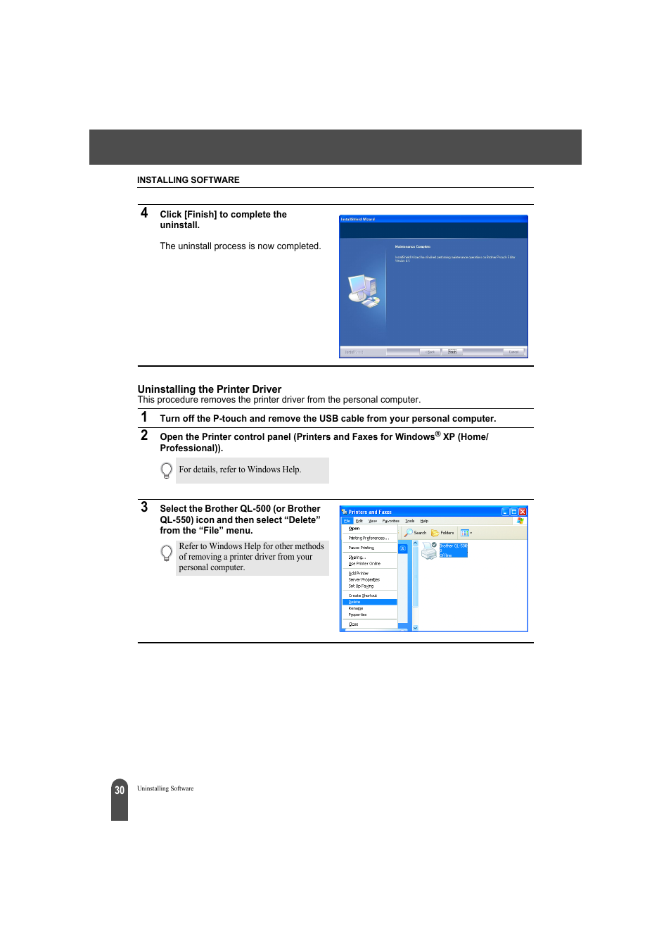 Uninstalling the printer driver | Brother QL-550 User Manual | Page 34 / 76