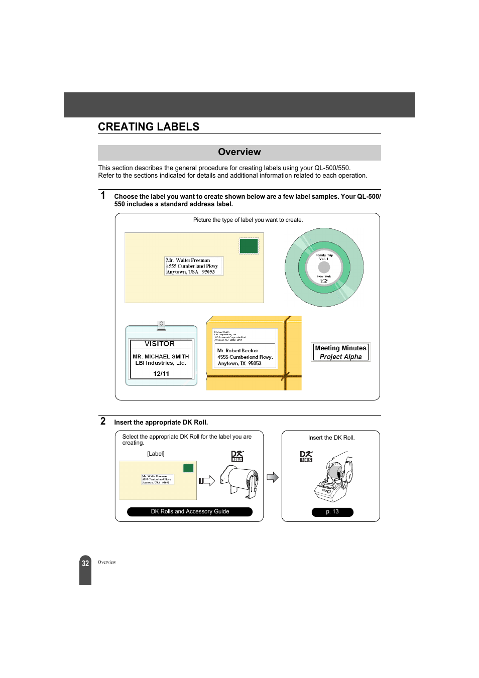 Creating labels, Overview | Brother QL-550 User Manual | Page 36 / 76