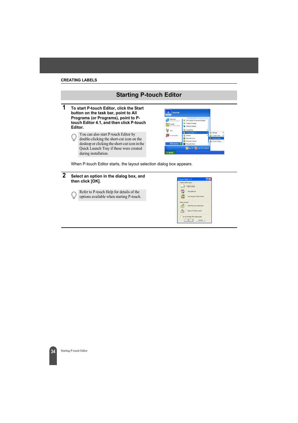 Starting p-touch editor, P. 34 or p | Brother QL-550 User Manual | Page 38 / 76