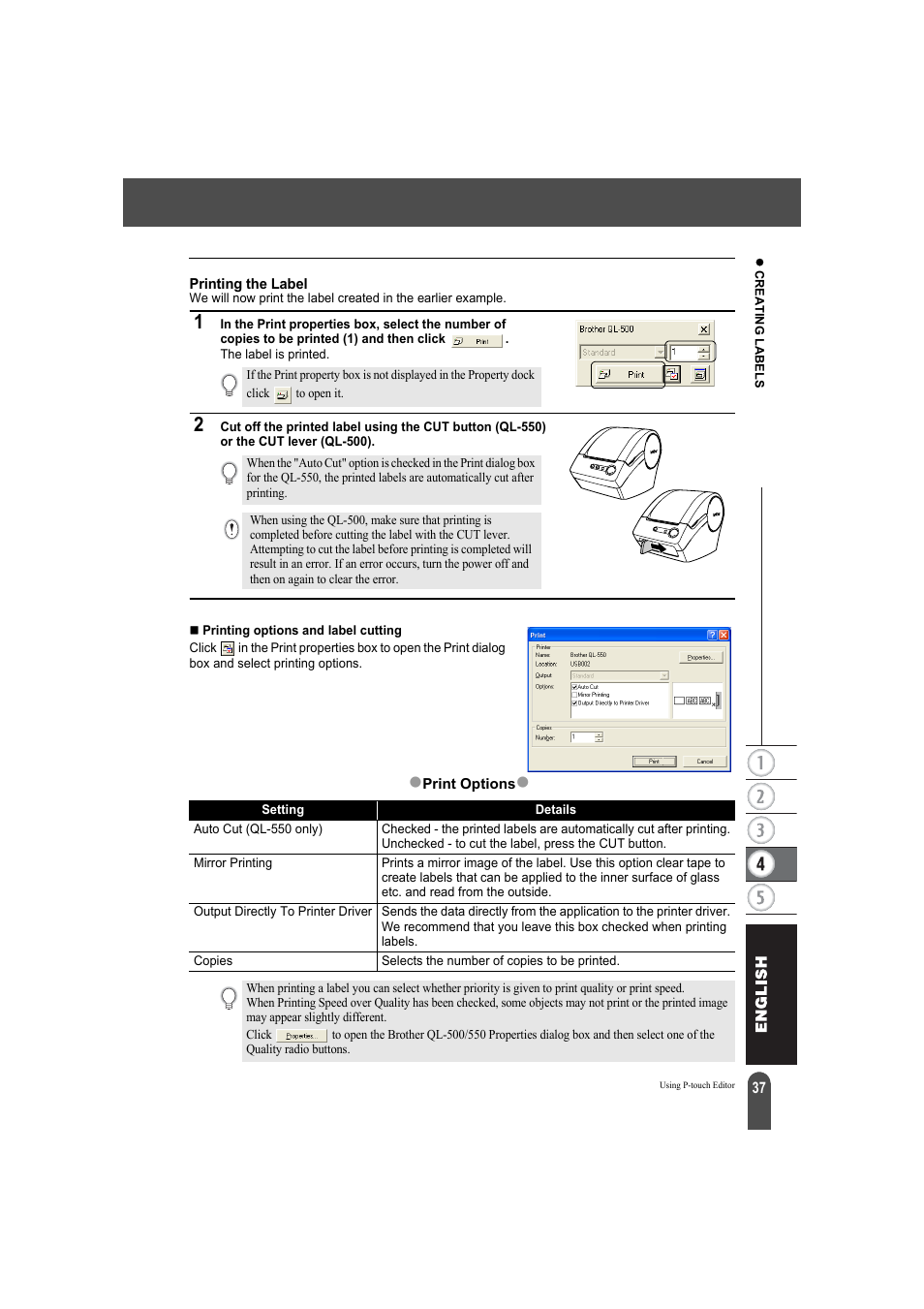 Print options, Printing the label, P. 37 | Brother QL-550 User Manual | Page 41 / 76
