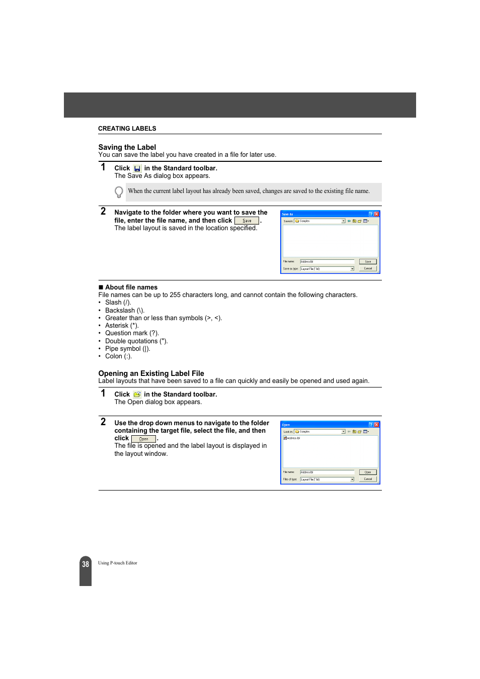 Saving the label opening an existing label file | Brother QL-550 User Manual | Page 42 / 76