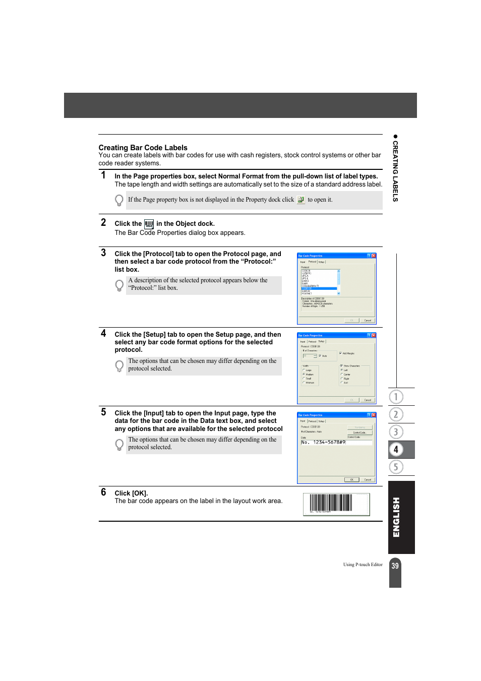 Creating bar code labels | Brother QL-550 User Manual | Page 43 / 76