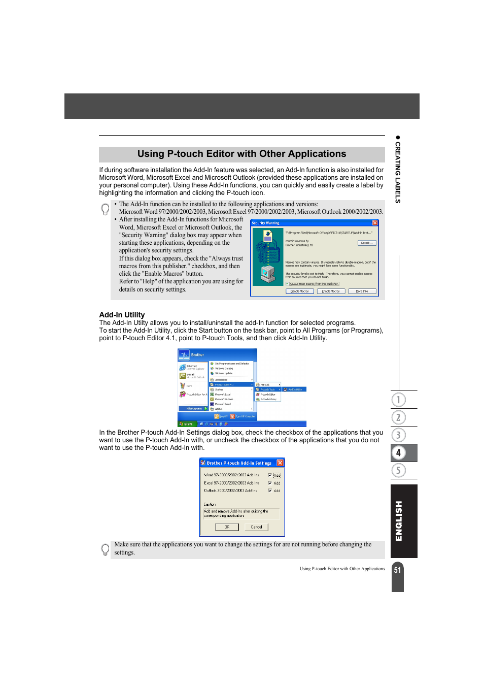 Using p-touch editor with other applications, Add-in utility, P. 51 or | Brother QL-550 User Manual | Page 55 / 76