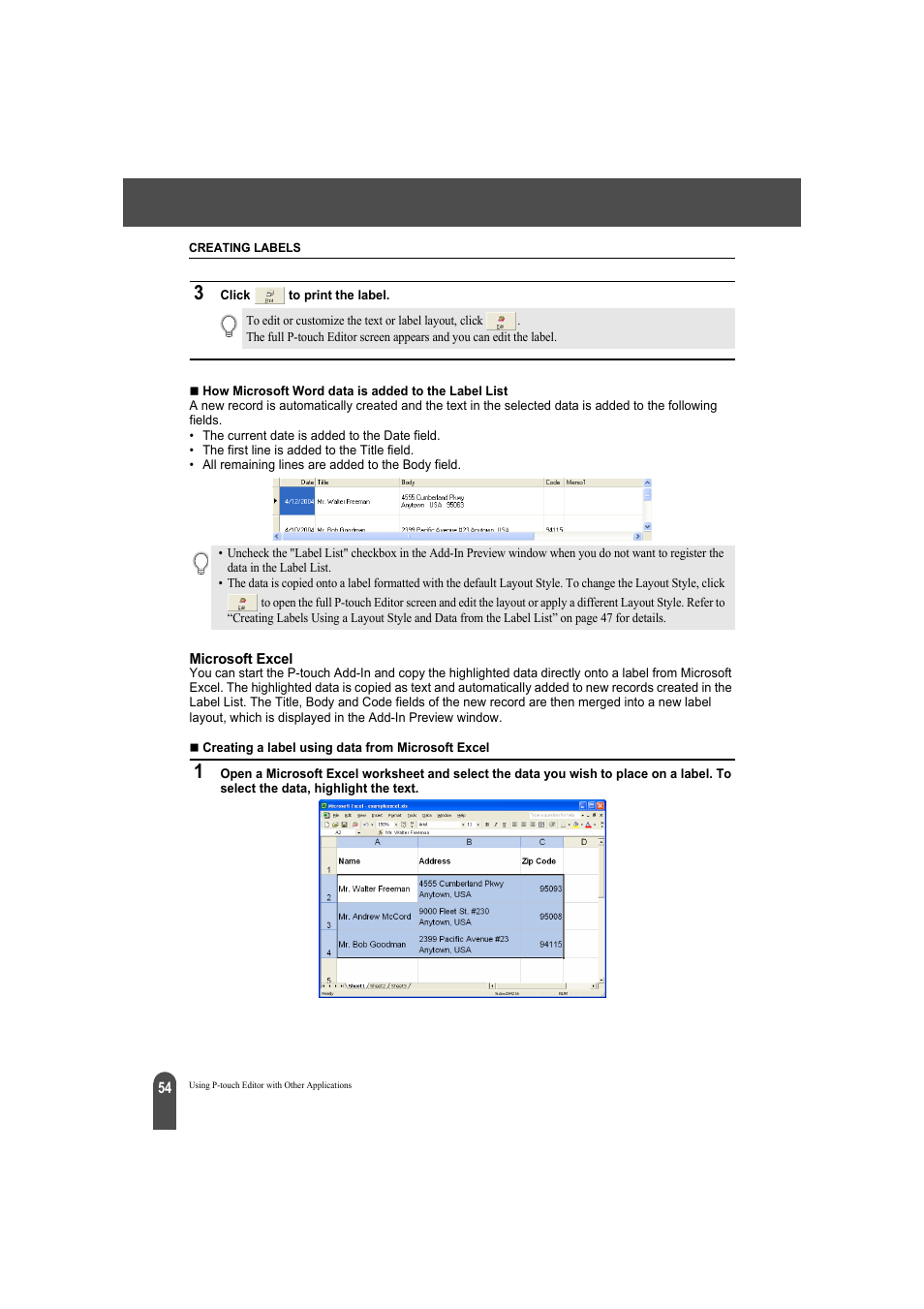 Microsoft excel | Brother QL-550 User Manual | Page 58 / 76