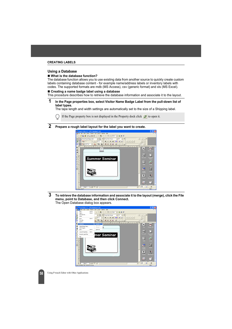 Using a database | Brother QL-550 User Manual | Page 62 / 76
