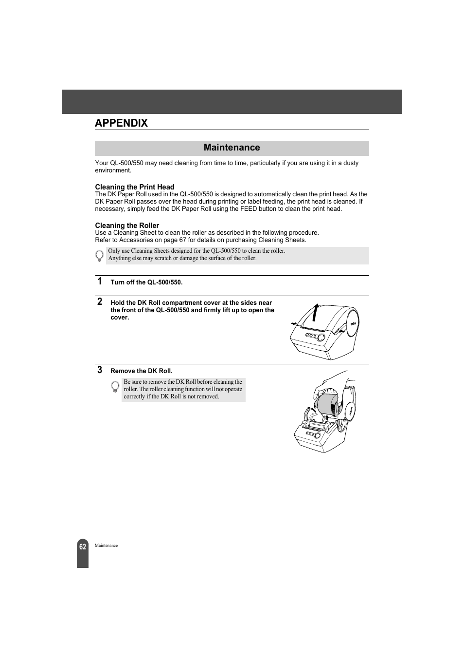 Appendix, Maintenance, Cleaning the print head cleaning the roller | Brother QL-550 User Manual | Page 66 / 76