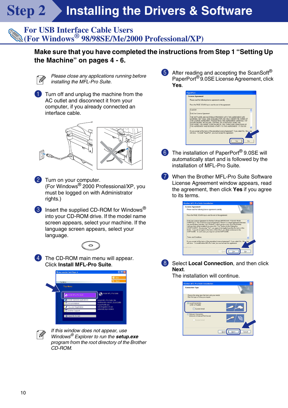 For usb interface cable users, For windows, 98/98se/me/2000 professional/xp | 98/98se/me/2000 professional/xp), Step 2, Installing the drivers & software, For usb interface cable users (for windows | Brother DCP-7020 User Manual | Page 11 / 31
