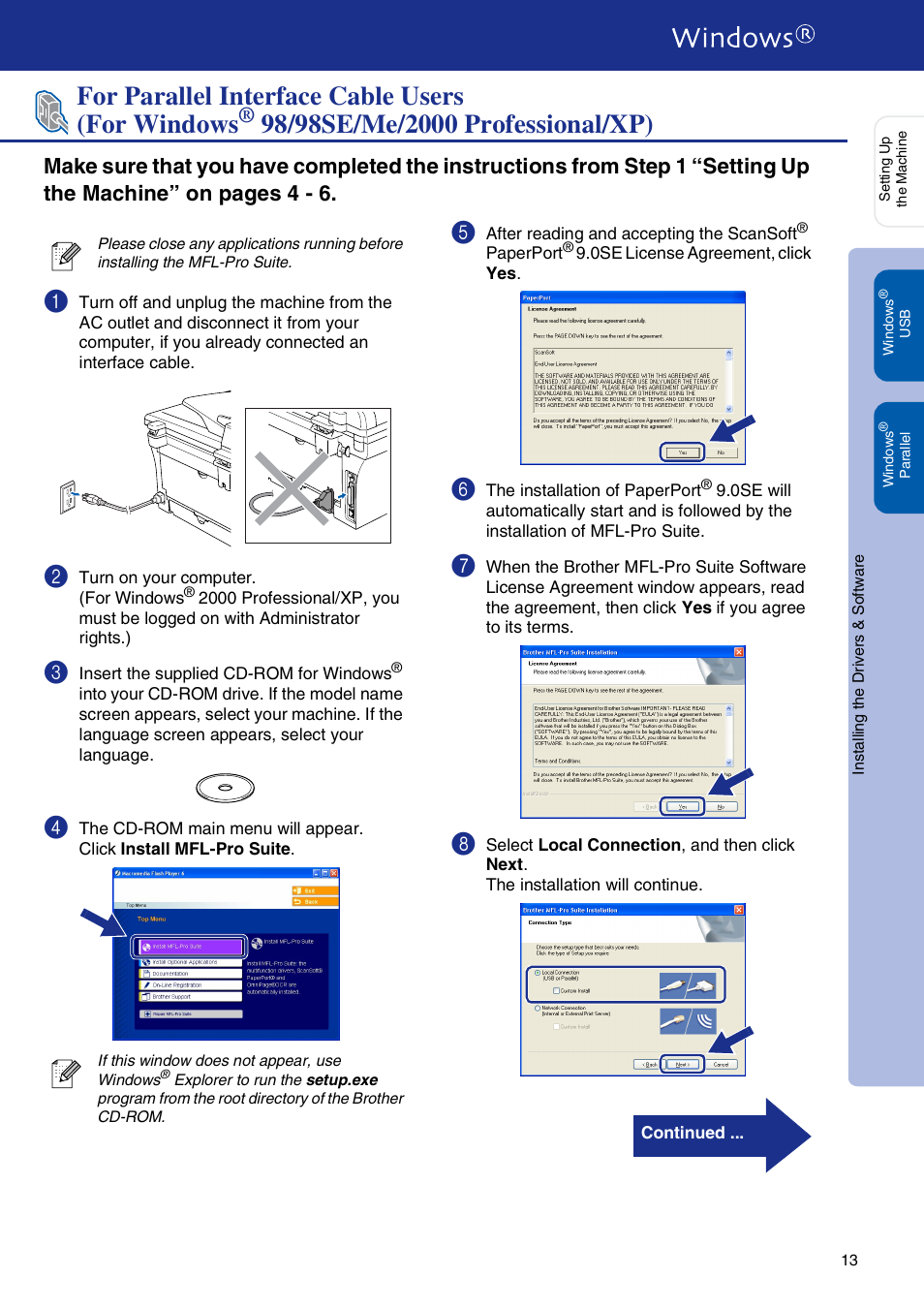 For parallel interface cable users, For windows, 98/98se/me/2000 professional/xp | 98/98se/me/2000 professional/xp), For parallel interface cable users (for windows | Brother DCP-7020 User Manual | Page 14 / 31