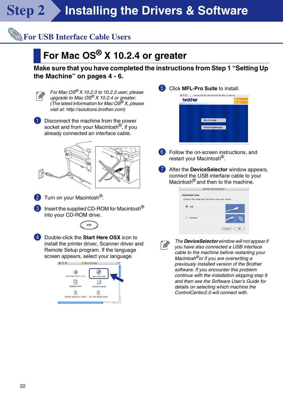 For mac os® x 10.2.4 or greater, For mac os, X 10.2.4 or greater | Step 2, Installing the drivers & software, For usb interface cable users | Brother DCP-7020 User Manual | Page 23 / 31