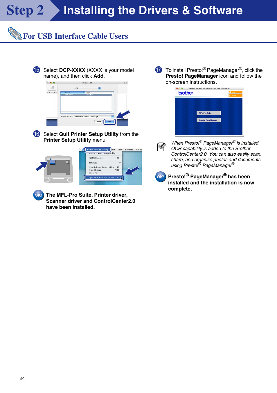 Step 2, Installing the drivers & software, For usb interface cable users | Brother DCP-7020 User Manual | Page 25 / 31