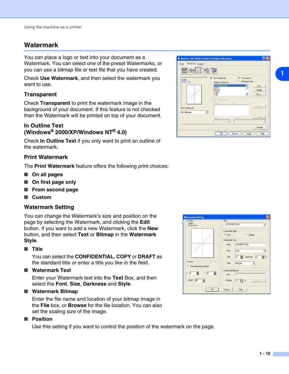 Watermark, Transparent, In outline text (windows® 2000/xp/windows nt® 4.0) | Print watermark, Watermark setting, Watermark -10, 1watermark | Brother IntelliFax-2820 User Manual | Page 13 / 38